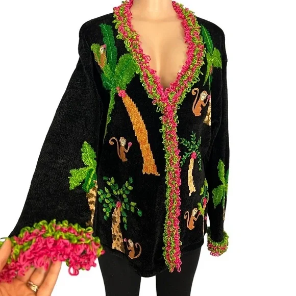 That Sweater Vintage Pink Monkey Chenille Art-to-Wear Fun Funky Sweater - Picture 3 of 10